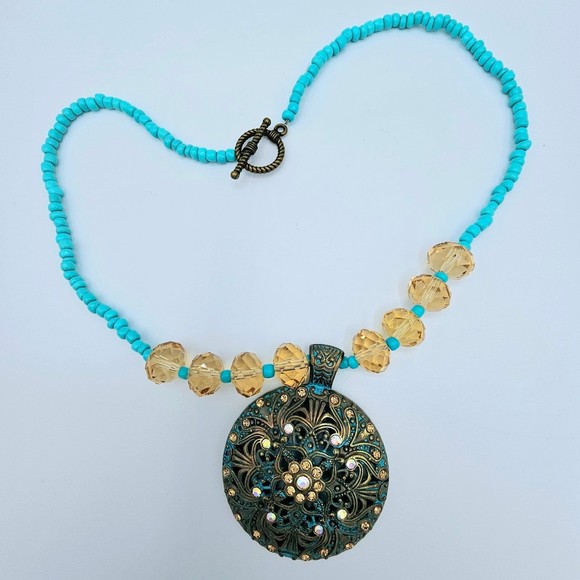 Bronze Statement Necklace Medallion Turquoise Champagne AB Bead Rhinestone - Picture 7 of 11